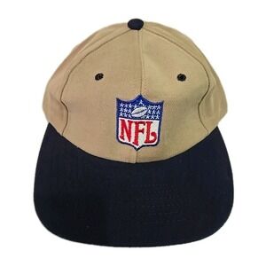 MINT Vtg 90s NFL Shield Hat Beige Blue Bib Pro Wear MADE IN USA Soft Strapback